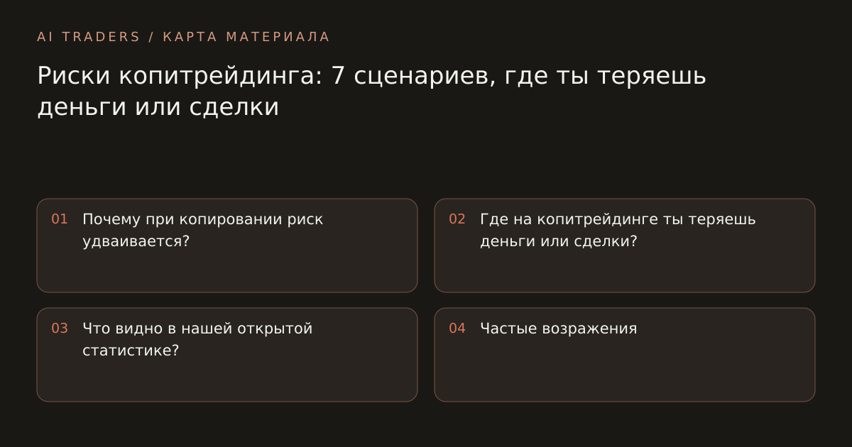 Карта статьи: Риски копитрейдинга: 7 сценариев, где ты теряешь деньги или сделки. Почему при копировании риск удваивается? Где на копитрейдинге ты теряешь деньги или сделки? Что видно в нашей открытой статистике? Частые возражения
