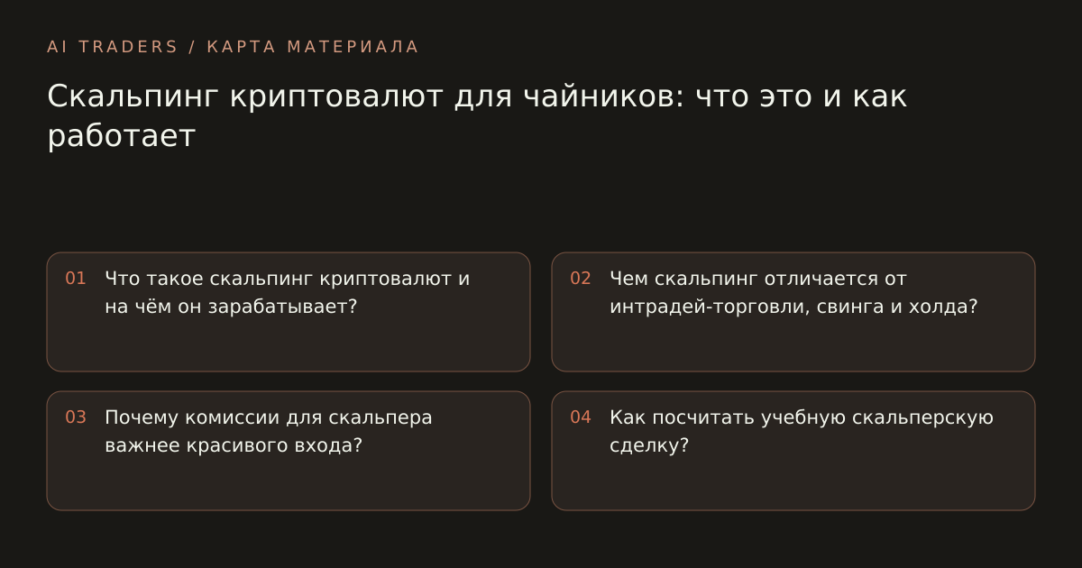 Карта статьи: Скальпинг криптовалют для чайников: что это и как работает. Что такое скальпинг криптовалют и на чём он зарабатывает? Чем скальпинг отличается от интрадей-торговли, свинга и холда? Почему комиссии для скальпера важнее красивого входа? Как посчитать учебную скальперскую сделку?