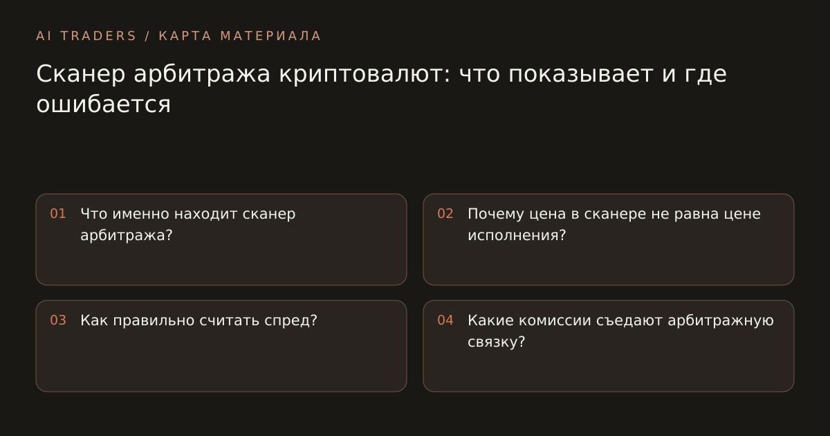 Карта статьи: Сканер арбитража криптовалют: что показывает и где ошибается. Что именно находит сканер арбитража? Почему цена в сканере не равна цене исполнения? Как правильно считать спред? Какие комиссии съедают арбитражную связку?