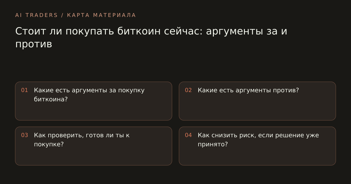 Карта статьи: Стоит ли покупать биткоин сейчас: аргументы за и против. Какие есть аргументы за покупку биткоина? Какие есть аргументы против? Как проверить, готов ли ты к покупке? Как снизить риск, если решение уже принято?