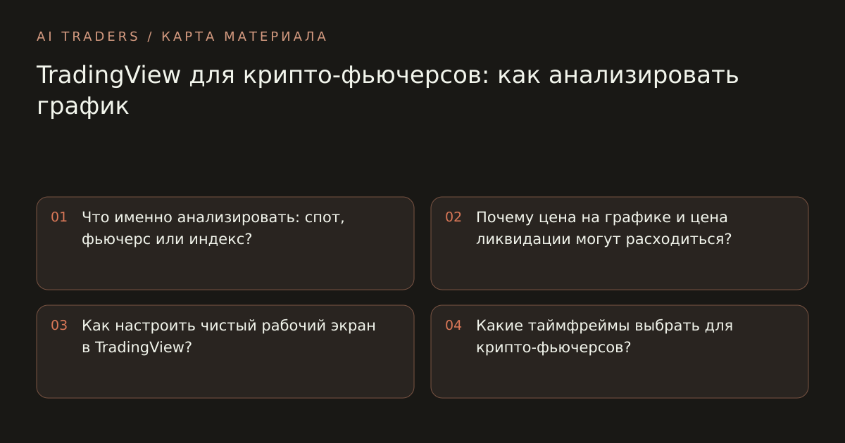 Карта статьи: TradingView для крипто-фьючерсов: как анализировать график. Что именно анализировать: спот, фьючерс или индекс? Почему цена на графике и цена ликвидации могут расходиться? Как настроить чистый рабочий экран в TradingView? Какие таймфреймы выбрать для крипто-фьючерсов?