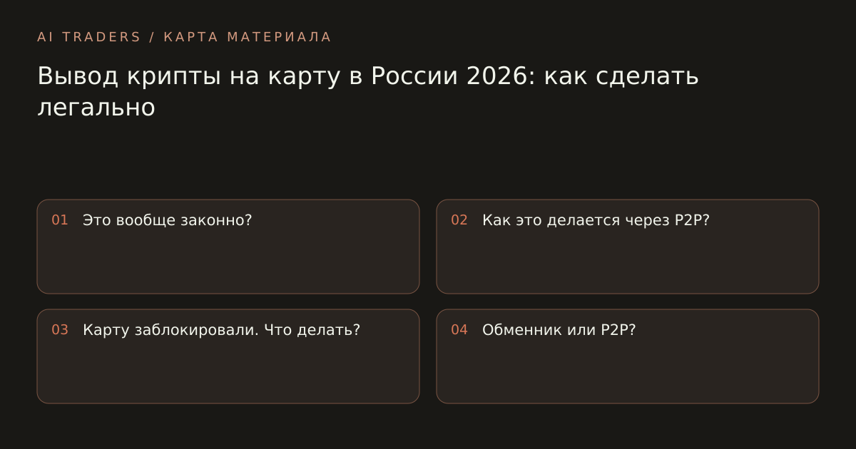 Карта статьи: Вывод крипты на карту в России 2026: как сделать легально. Это вообще законно? Как это делается через P2P? Карту заблокировали. Что делать? Обменник или P2P?