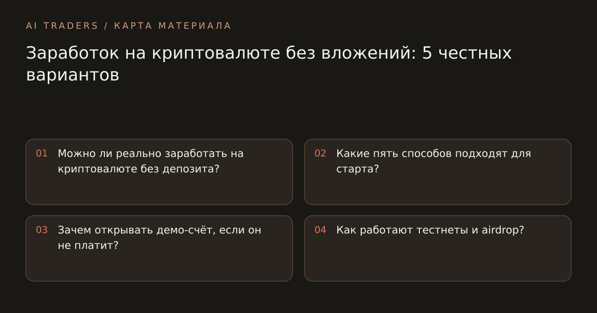 Карта статьи: Заработок на криптовалюте без вложений: 5 честных вариантов. Можно ли реально заработать на криптовалюте без депозита? Какие пять способов подходят для старта? Зачем открывать демо-счёт, если он не платит? Как работают тестнеты и airdrop?